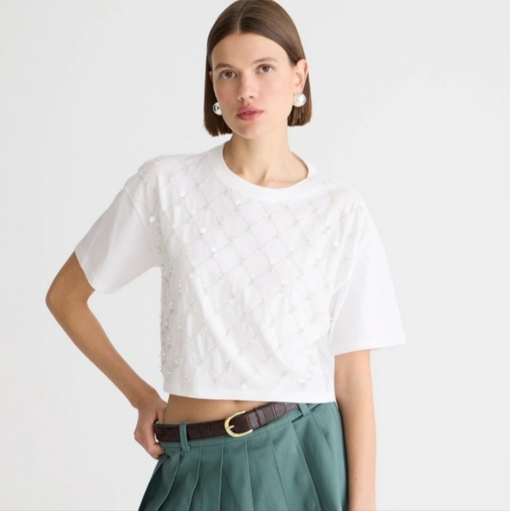 J. Crew White Short Sleeve Sequin Tee Top Size Medium NEW NWT Beaded